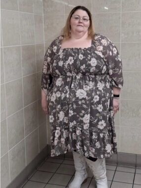 torrid Gray Floral Smocked Square-Neck Midi Dress